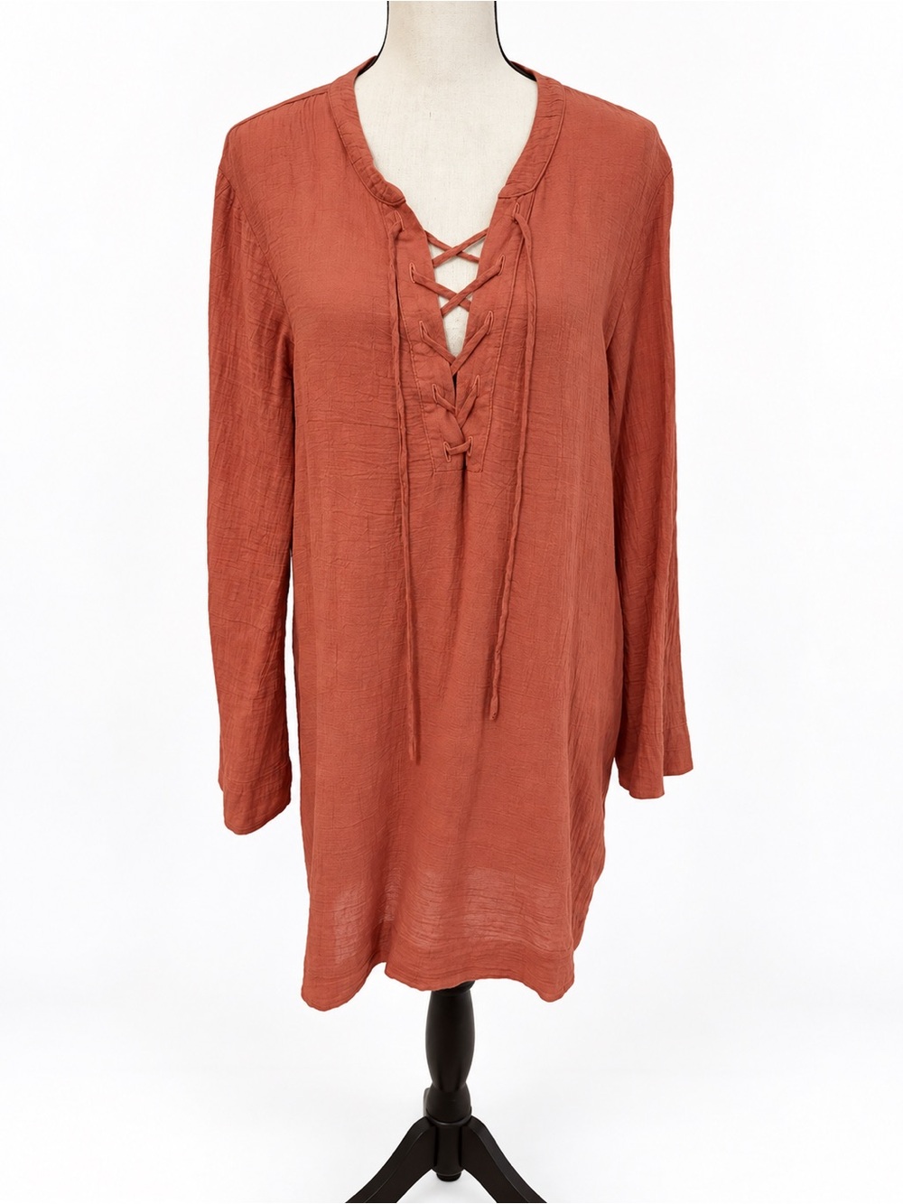 Honorine Terracotta Cotton Gauze Lace-Up Tunic/Dress Cover-Up M